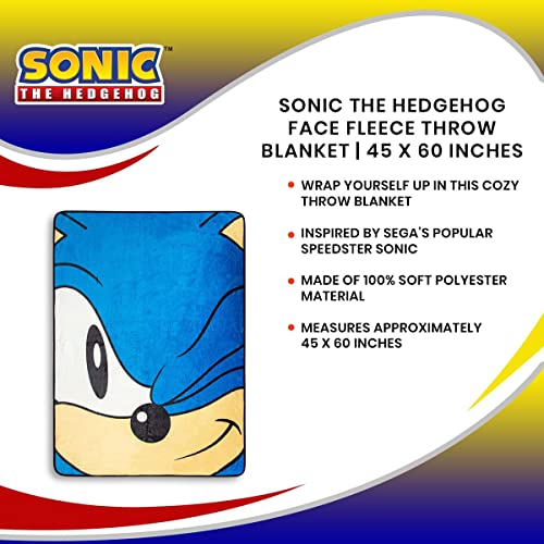 Sonic the Hedgehog Face Plush Throw Blanket | Fleece Blanket Cover, Cozy Sherpa Wrap For Sofa And Bed, Home Decor Room Essentials | SEGA Video Game Gifts And Collectibles | 45 x 60 Inches