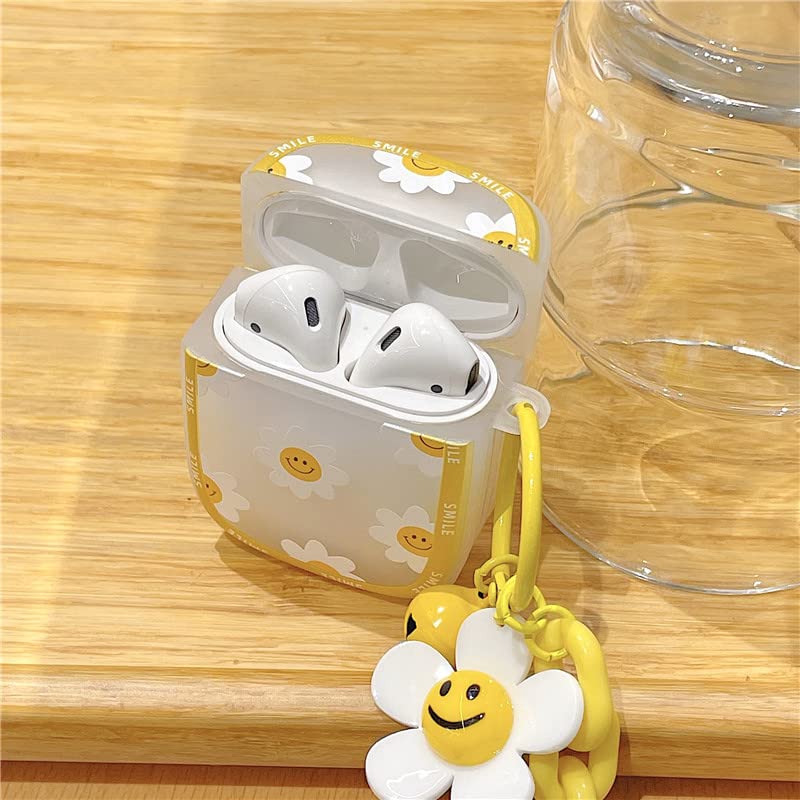 Smiley Face Aesthetic AirPods Case 1 st & 2 nd Generation with Keychain, Silicon Shockproof Protective Case for AirPods 1 & 2, Cute Smiley AirPods Case, Yellow