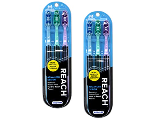 Reach Advanced Design Medium Toothbrushes, Colors May Vary, 3 Count (Pack of 2) Total 6 Toothbrushes, 18087