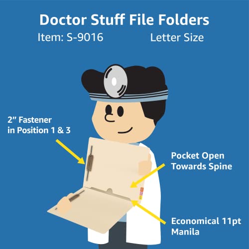 Doctor Stuff Manila Pocket File Folders - Letter Size End Tab Folder with Full Pocket on Inside Back Open Towards Spine, 2" Bonded Fasteners on Inside Front and Back, 11 pt Manila Stock, Box of 50