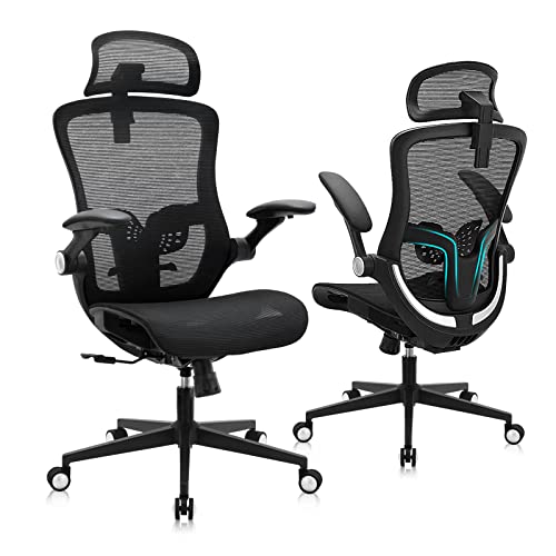 Office Chair, Ergonomic Mesh Desk Chair, High Back Home Office Desk Chairs with Adjustable Headrest & Seat Height, Flip-Up Arms, Tilt Function, and Lumbar Support, Swivel Computer Task Chair