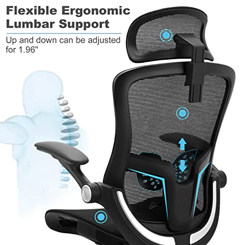 Office Chair, Ergonomic Mesh Desk Chair, High Back Home Office Desk Chairs with Adjustable Headrest & Seat Height, Flip-Up Arms, Tilt Function, and Lumbar Support, Swivel Computer Task Chair