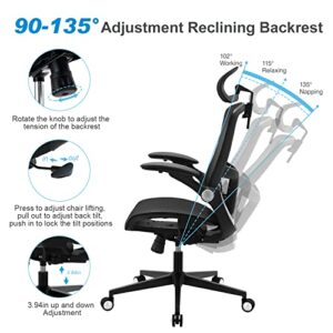 Office Chair, Ergonomic Mesh Desk Chair, High Back Home Office Desk Chairs with Adjustable Headrest & Seat Height, Flip-Up Arms, Tilt Function, and Lumbar Support, Swivel Computer Task Chair