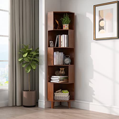 Wilk WILK 5-Tier Cube Corner Bookshelf Bamboo Corner Bookcase Brown 13(L) x 13(W) x 71.4(H)