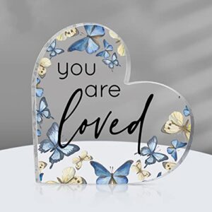 yulejo acrylic heart shaped sign decor with butterflies appreciation heart tables centerpiece inspirational desk keepsake gift for colleague friends coworker teacher christmas(you are loved)