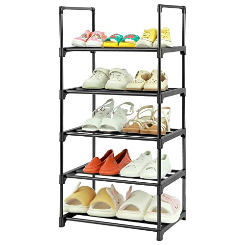 HITHIM 5-Tier Narrow Shoe Racks, Small Stackable Shoe Shelf Organizer,Sturdy Shoe Stand with Armrests, Metal Free Standing Shoe Racks for Entryway, Doorway and Bedroom Closet (Black)