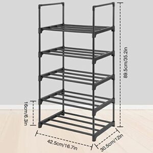 HITHIM 5-Tier Narrow Shoe Racks, Small Stackable Shoe Shelf Organizer,Sturdy Shoe Stand with Armrests, Metal Free Standing Shoe Racks for Entryway, Doorway and Bedroom Closet (Black)