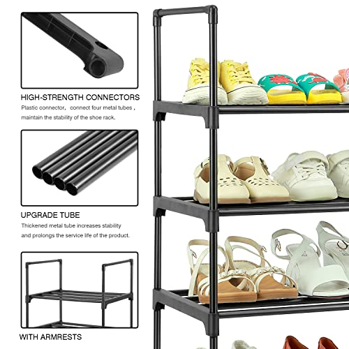 HITHIM 5-Tier Narrow Shoe Racks, Small Stackable Shoe Shelf Organizer,Sturdy Shoe Stand with Armrests, Metal Free Standing Shoe Racks for Entryway, Doorway and Bedroom Closet (Black)