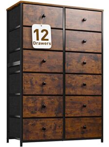 enhomee dresser for bedroom, tall dressers for bedroom with12 drawers dressers & chest of drawes fabric drawers for clothes, closet, 11.9" d x 34.7" w x 52.4" h rustic brown