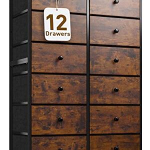 EnHomee Dresser for Bedroom, Tall Dressers for Bedroom with12 Drawers Dressers & Chest of Drawes Fabric Drawers for Clothes, Closet, 11.9" D x 34.7" W x 52.4" H Rustic Brown