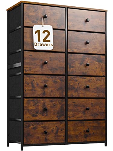 EnHomee Dresser for Bedroom, Tall Dressers for Bedroom with12 Drawers Dressers & Chest of Drawes Fabric Drawers for Clothes, Closet, 11.9" D x 34.7" W x 52.4" H Rustic Brown