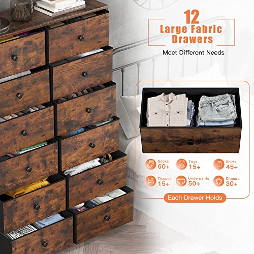 EnHomee Dresser for Bedroom, Tall Dressers for Bedroom with12 Drawers Dressers & Chest of Drawes Fabric Drawers for Clothes, Closet, 11.9" D x 34.7" W x 52.4" H Rustic Brown