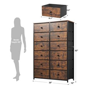 EnHomee Dresser for Bedroom, Tall Dressers for Bedroom with12 Drawers Dressers & Chest of Drawes Fabric Drawers for Clothes, Closet, 11.9" D x 34.7" W x 52.4" H Rustic Brown