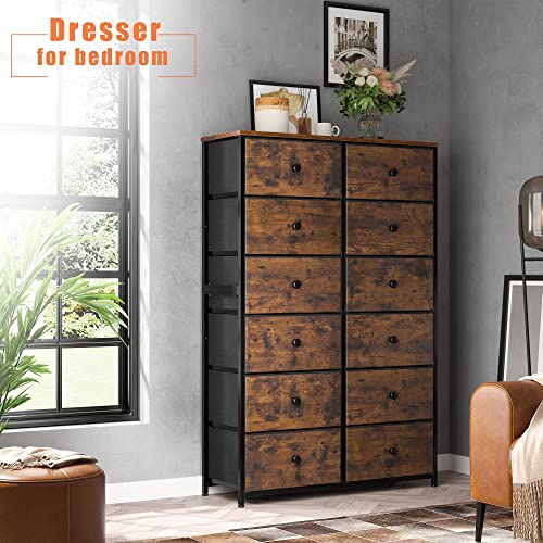 EnHomee Dresser for Bedroom, Tall Dressers for Bedroom with12 Drawers Dressers & Chest of Drawes Fabric Drawers for Clothes, Closet, 11.9" D x 34.7" W x 52.4" H Rustic Brown