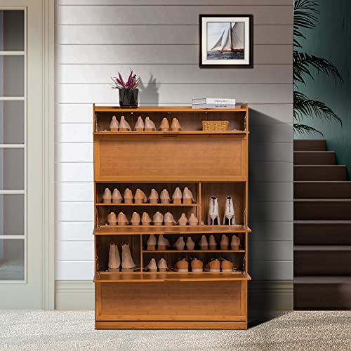 MoNiBloom Bamboo 9-Tier Shoe Organizer Contemporary Cabinet with Door 41-Pair Heels Boots Compartment, Hallway Entryway, Brown