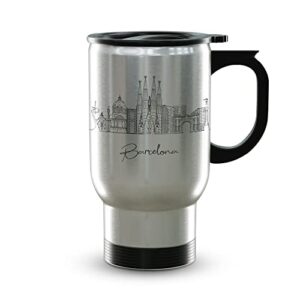 barcelona spain gifts and souvenirs - travel mug with handle and lid - barcelona graduation unique drinkware - 14oz travel mug steel - best europe long distance gifts & homesick student gifts