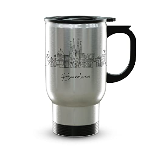 Barcelona Spain Gifts and Souvenirs - Travel Mug with Handle and Lid - Barcelona Graduation Unique Drinkware - 14oz Travel Mug Steel - Best Europe Long Distance Gifts & Homesick Student Gifts