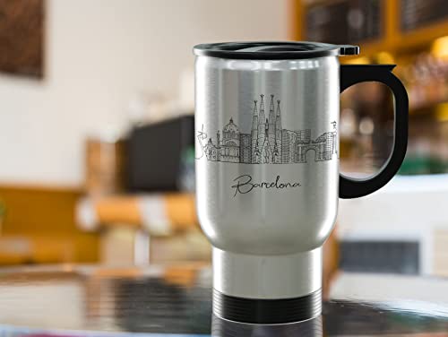 Barcelona Spain Gifts and Souvenirs - Travel Mug with Handle and Lid - Barcelona Graduation Unique Drinkware - 14oz Travel Mug Steel - Best Europe Long Distance Gifts & Homesick Student Gifts