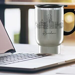 Barcelona Spain Gifts and Souvenirs - Travel Mug with Handle and Lid - Barcelona Graduation Unique Drinkware - 14oz Travel Mug Steel - Best Europe Long Distance Gifts & Homesick Student Gifts