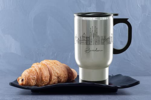 Barcelona Spain Gifts and Souvenirs - Travel Mug with Handle and Lid - Barcelona Graduation Unique Drinkware - 14oz Travel Mug Steel - Best Europe Long Distance Gifts & Homesick Student Gifts