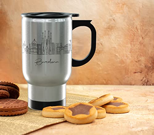 Barcelona Spain Gifts and Souvenirs - Travel Mug with Handle and Lid - Barcelona Graduation Unique Drinkware - 14oz Travel Mug Steel - Best Europe Long Distance Gifts & Homesick Student Gifts