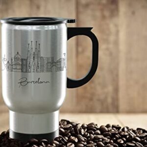 Barcelona Spain Gifts and Souvenirs - Travel Mug with Handle and Lid - Barcelona Graduation Unique Drinkware - 14oz Travel Mug Steel - Best Europe Long Distance Gifts & Homesick Student Gifts