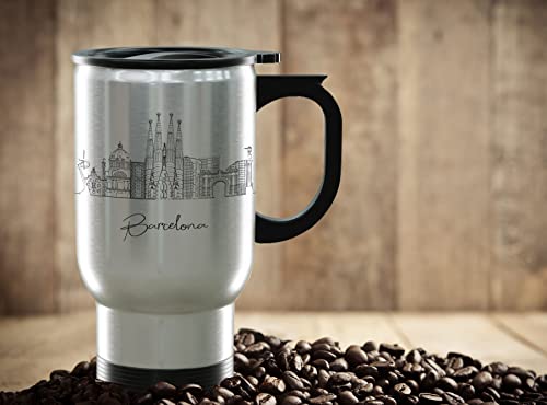 Barcelona Spain Gifts and Souvenirs - Travel Mug with Handle and Lid - Barcelona Graduation Unique Drinkware - 14oz Travel Mug Steel - Best Europe Long Distance Gifts & Homesick Student Gifts