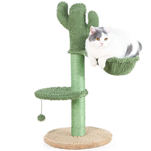 BOLUO Cat Scratching Post with Hammock for Indoor Cats Scratcher Posts Tall Cute Catcus Cat Tree Toy Kitten Sisal Rope Scratch Dangling Ball 31 Inch