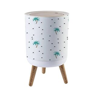 CAKOJV188 Round Trash Can with Press Lid Palm Trees and Coconuts Seamless with Polka dots Small Garbage Can Trash Bin Dog-Proof Trash Can Wooden Legs Waste Bin Wastebasket 7L/1.8 Gallon