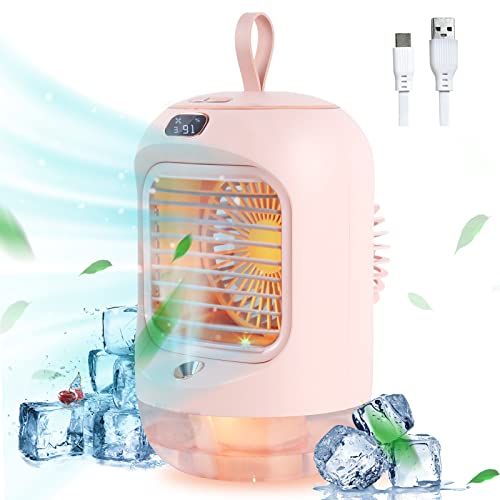 3 IN 1 Portable Air Conditioners, Air Conditioner Portable for Room Sprayable Misting Humidification Cooling Fan, 3600mAh USB Rechargeable, 3-Speed, Desk Fan with LED Display for Office, Home (Pink)