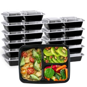 muchii 32 oz 3 compartment meal prep containers with lids, [20 pack] to go containers with lids,plastic disposable food containers microwave safe and freezer safe.