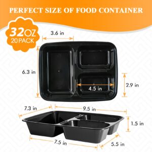 MUCHII 32 oz 3 Compartment Meal Prep Containers With Lids, [20 Pack] To Go Containers With Lids,Plastic Disposable Food Containers Microwave Safe and Freezer Safe.