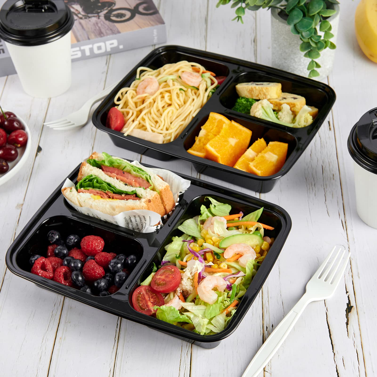 MUCHII 32 oz 3 Compartment Meal Prep Containers With Lids, [20 Pack] To Go Containers With Lids,Plastic Disposable Food Containers Microwave Safe and Freezer Safe.