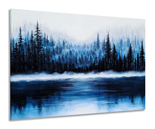 YHSKY ARTS Pine Tree Canvas Wall Art with Textured - Big Black and Blue Nature Paintings - Abstract Forest Pictures for Living Room Bedroom Bathroom Decor