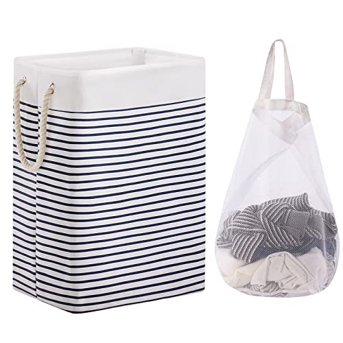 TECHMILLY 72L Large Laundry Hamper with Removable Bag, Collapsible Laundry Basket with Rope Handles, Dirty Clothes Hamper for Bedroom, Living Room, Clothes Toys Organizer, Blue Stripe