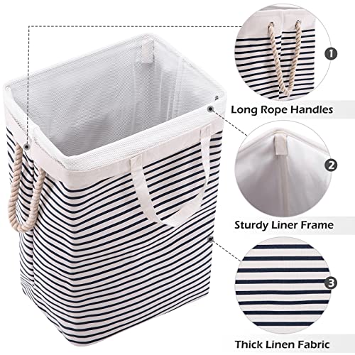 TECHMILLY 72L Large Laundry Hamper with Removable Bag, Collapsible Laundry Basket with Rope Handles, Dirty Clothes Hamper for Bedroom, Living Room, Clothes Toys Organizer, Blue Stripe