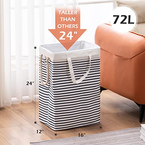 TECHMILLY 72L Large Laundry Hamper with Removable Bag, Collapsible Laundry Basket with Rope Handles, Dirty Clothes Hamper for Bedroom, Living Room, Clothes Toys Organizer, Blue Stripe