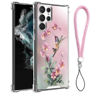 elgzigok echaopeng clear case for samsung galaxy s22 ultra hummingbird flower phone cover with wrist strap lanyard, protective silicone case for galaxy s22 ultra shock-proof four corners reinforced