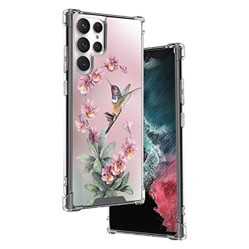 Elgzigok EChaopeng Clear Case for Samsung Galaxy S22 Ultra Hummingbird Flower Phone Cover with Wrist Strap Lanyard, Protective Silicone Case for Galaxy S22 Ultra Shock-Proof Four Corners Reinforced