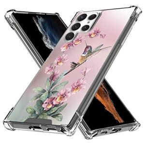 Elgzigok EChaopeng Clear Case for Samsung Galaxy S22 Ultra Hummingbird Flower Phone Cover with Wrist Strap Lanyard, Protective Silicone Case for Galaxy S22 Ultra Shock-Proof Four Corners Reinforced