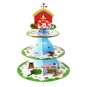 3 tier farm animals cupcake stand holder farm theme birthday party supplies spring cupcake tower cardboard display decorations rustic dessert cake stand for boy girl kids baby shower