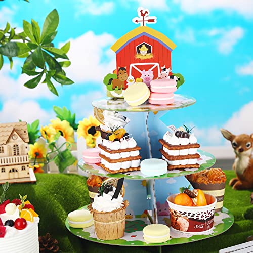 3 Tier Farm Animals Cupcake Stand Holder Farm Theme Birthday Party Supplies Spring Cupcake Tower Cardboard Display Decorations Rustic Dessert Cake Stand for Boy Girl Kids Baby Shower