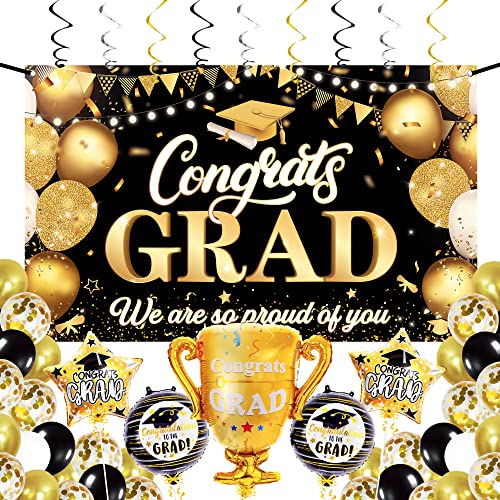 KatchOn, Graduation Decorations Class of 2023 Set - Big, Pack of 49 | Black and Gold Congrats Grad Banner, Graduation Balloons | Graduation Backdrop for Black and Gold Graduation Decorations 2023…