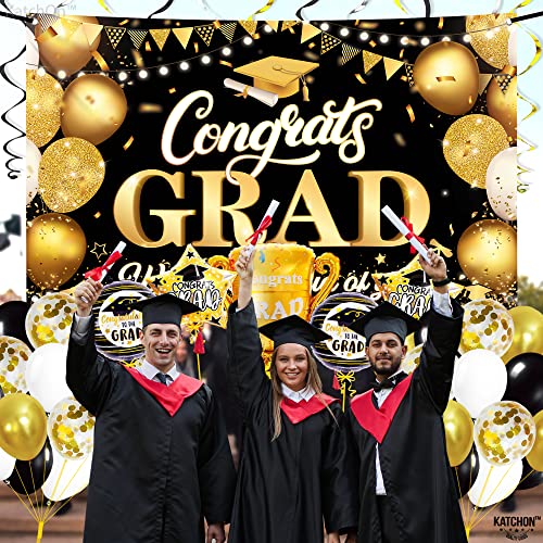 KatchOn, Graduation Decorations Class of 2023 Set - Big, Pack of 49 | Black and Gold Congrats Grad Banner, Graduation Balloons | Graduation Backdrop for Black and Gold Graduation Decorations 2023…