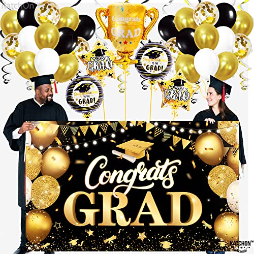 KatchOn, Graduation Decorations Class of 2023 Set - Big, Pack of 49 | Black and Gold Congrats Grad Banner, Graduation Balloons | Graduation Backdrop for Black and Gold Graduation Decorations 2023…