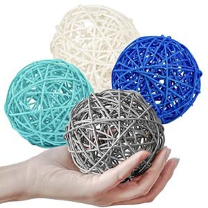 domestar extra large rattan balls, 4 inches wicker balls decorative balls natural decorative wicker rattan balls orbs vase fillers blue, white, grey and cerulean