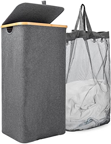 laundry basket with lid100L Bamboo Laundry Basket with Lid laundry hamper with removable bag Water-proof Dirty Clothes Hamper Collapsible Laundry Baskets for Clothes Storage and Bedroom (Square, new-grey) (Square, new-grey)