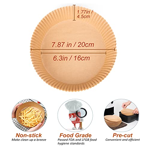 Macood Air Fryer Parchment Paper 6.3 Inch 100 PCS Oil-proof, Water-proof, Non-stick Non-stick Unbleached Food Grade Paper for Air Fryers/Baking/Cooking/Steaming Basket(Brown)