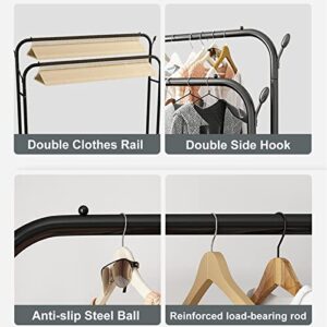 YYSM Double Rod Garment Rack with Shelves & Wheels, Metal Hang Dry Clothes Rack for Hanging Clothes, with Top Rod Organizer Shirt Towel Rack and Lower Storage Shelf for Boxes Shoes Boots