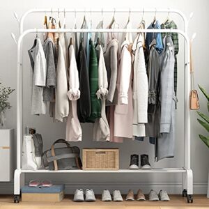 yysm double rod garment rack with shelves & wheels, metal hang dry clothes rack for hanging clothes, with top rod organizer shirt towel rack and lower storage shelf for boxes shoes boots